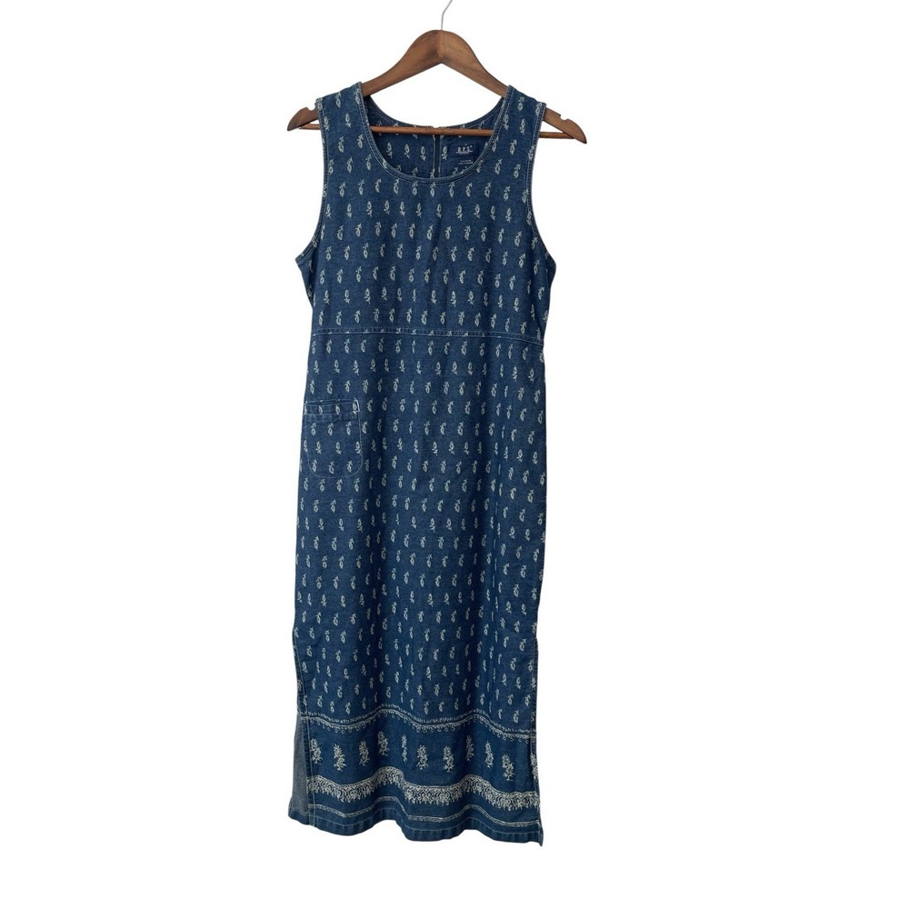Women's Vintage Denim Overall Maxi Dress Cottagecore Floral Size S Modest Pocket